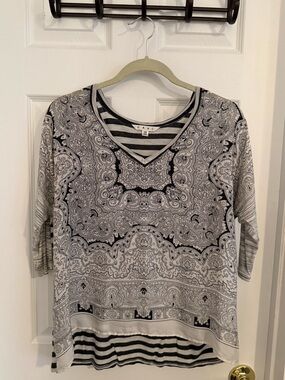 CAbi Black & White Paisley V-Neck Long Sleeve Top